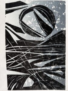 Black, white & gray print entitled "Cosmos"